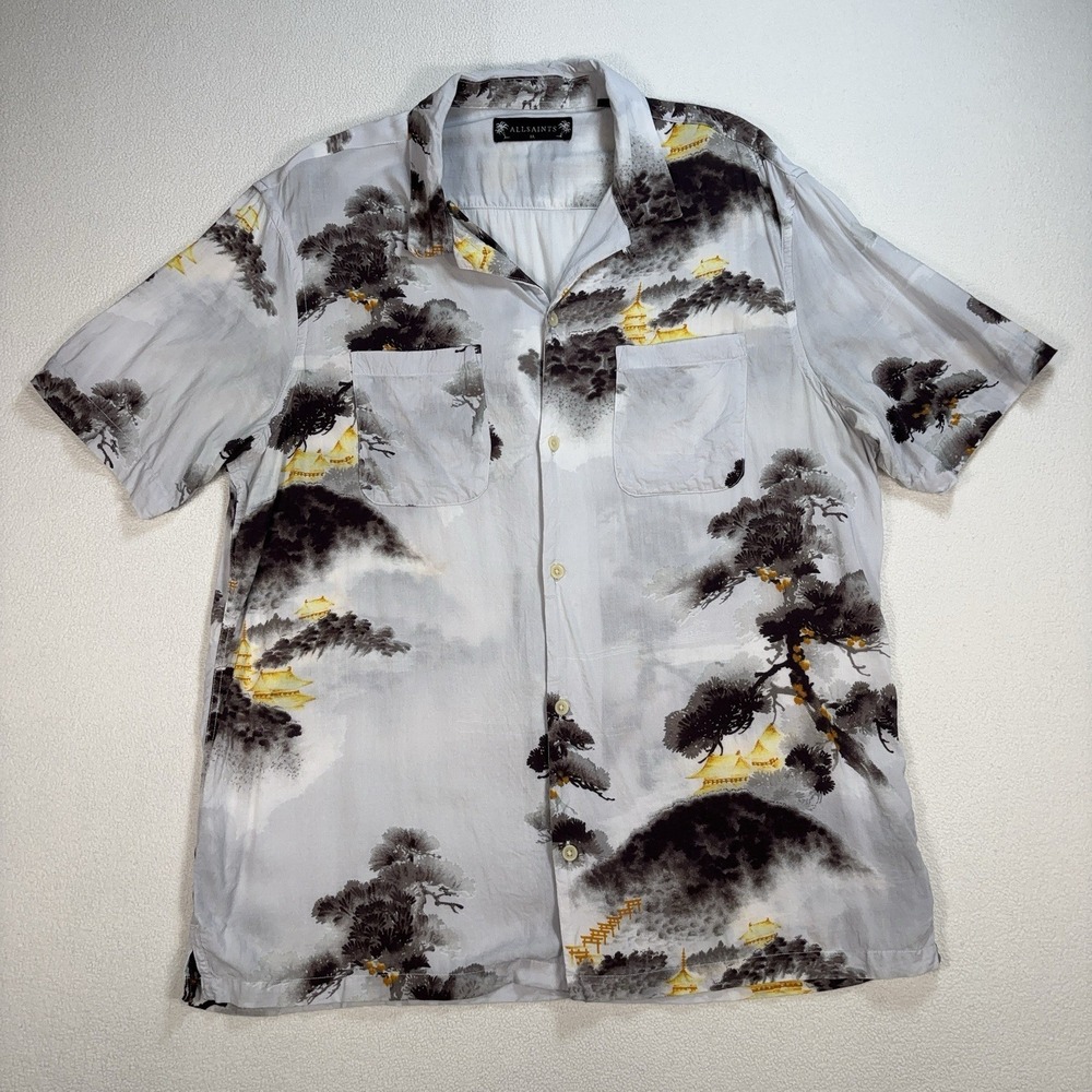 AllSaints Hida Shirt Men's XL Light Gray Viscose Pocket Loop Collar Asian *READ*